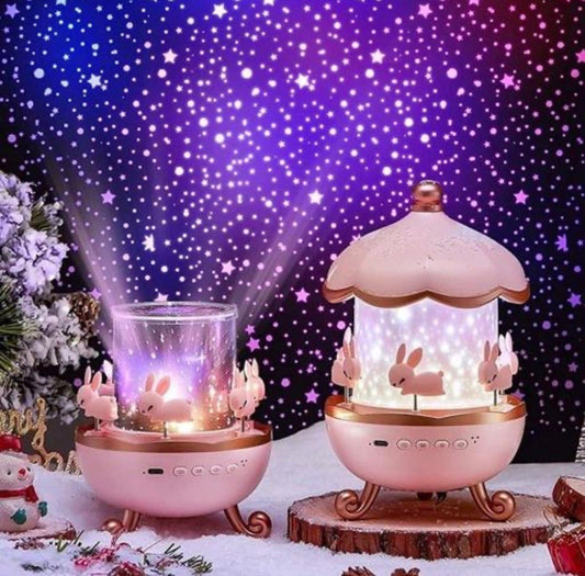 Bunny Rotating Cabin Projector Lamp – Starry Night Light Machine ✨