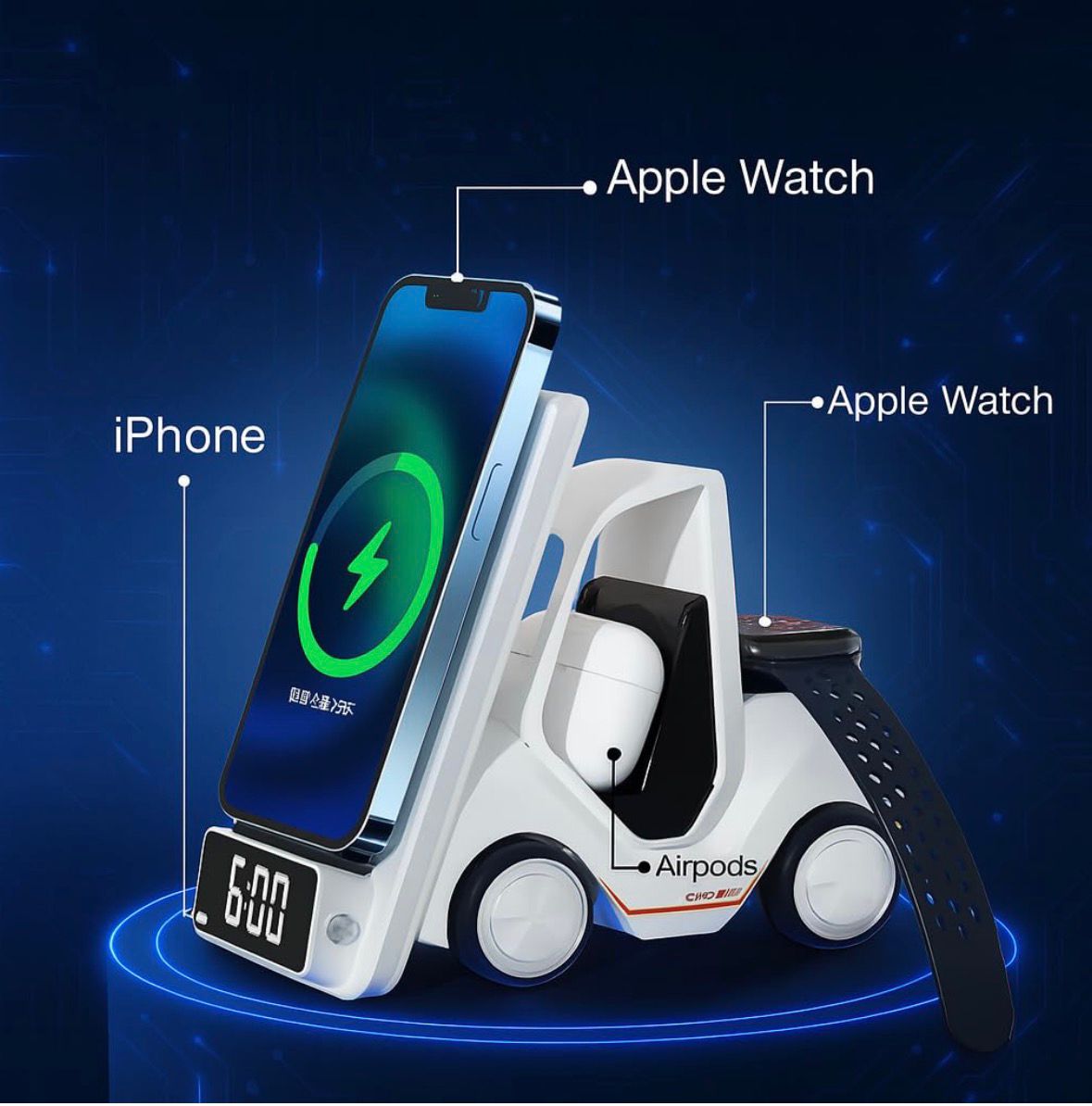 Wireless Charger for Phones, Watches, Earpods | 3 in 1 Charging Dock car shape